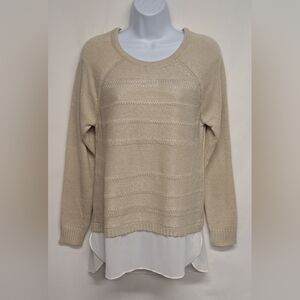 BCX Sweater Layered Look S Light Beige W Silver Metallic Threads White Trim
